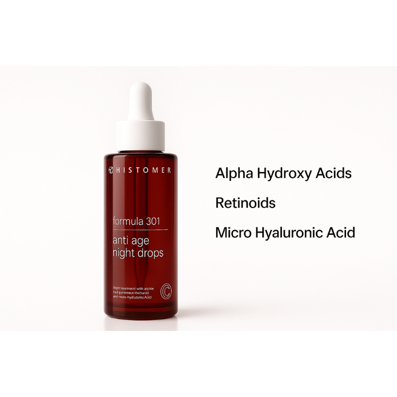 Histomer Formula 301 Anti Age Night Drops – Red glass bottle with white dropper, anti-aging night serum for wrinkle reduction, skin renewal, and hydration - E11 Store