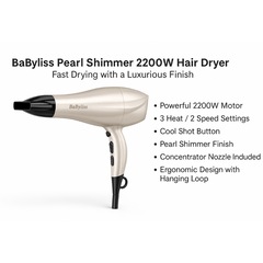 BaByliss Pearl Shimmer 2200W Hair Dryer in a pearl beige finish with black accents