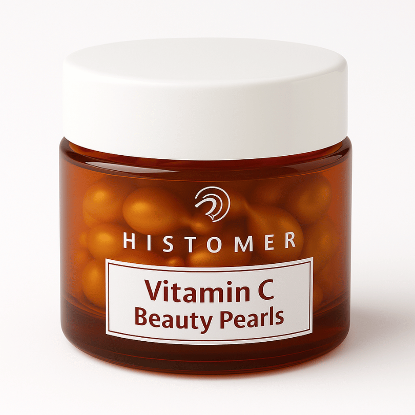 Histomer Vitamin C Beauty Pearls – 30 brightening anti-aging serum capsules in a white-capped amber jar