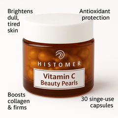 Histomer Vitamin C Beauty Pearls – 30 brightening anti-aging serum capsules in a white-capped amber jar