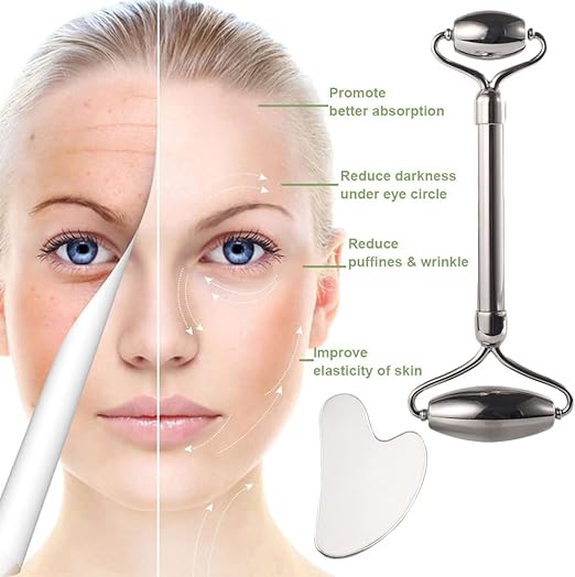 Gua Sha + Facial Roller Toolkit – Stainless Steel Facial Massage Set - E11 Store