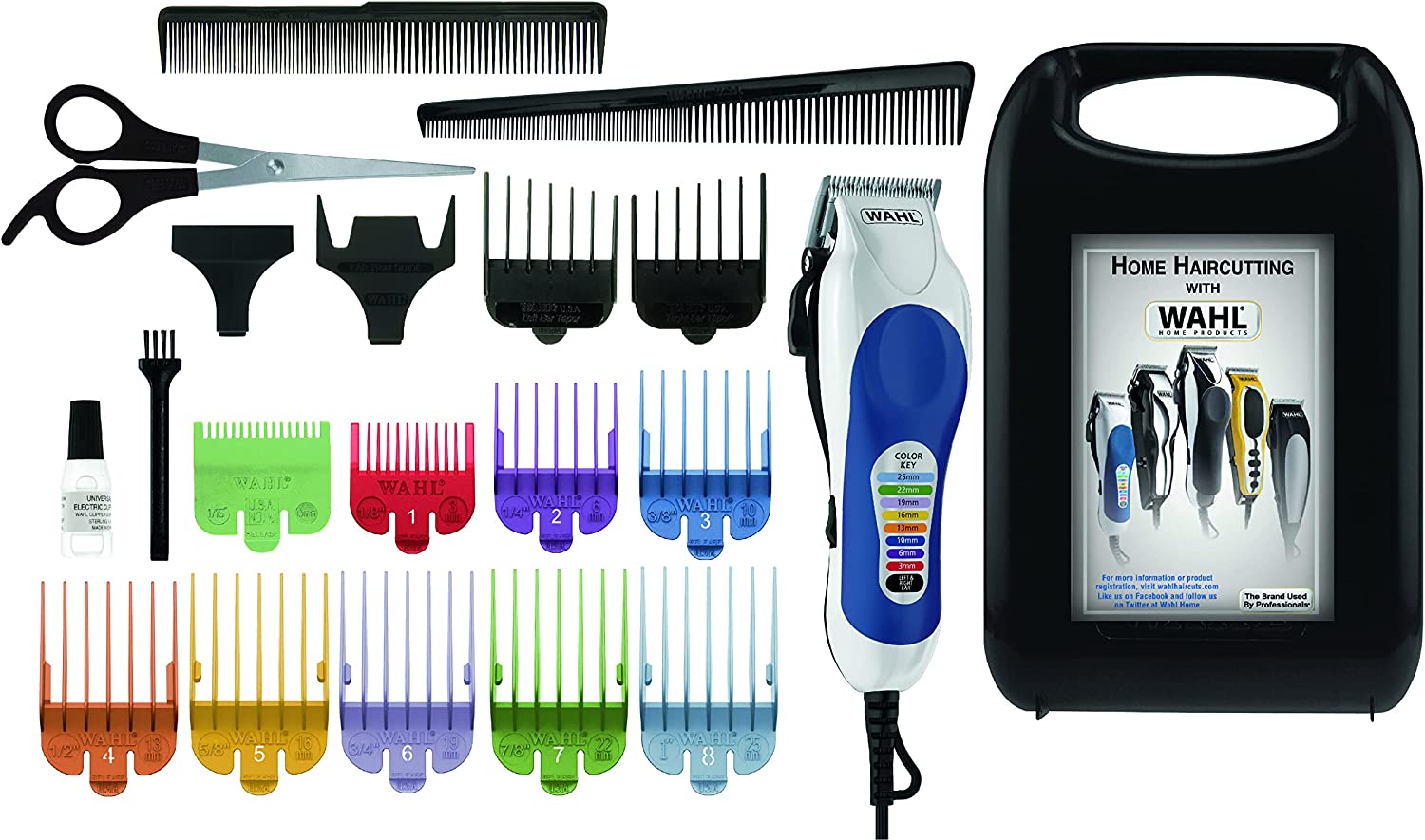 Wahl Colour Pro Corded Clipper Kit, Soft Hairbrush Neck Duster, 12 Colour Coded Guide Combs, Hair Clippers for Men, Head Shaver, Men's Hair Clippers, Easy Home Haircutting, Family Haircuts, White 79300 - 1616 | E11 Store