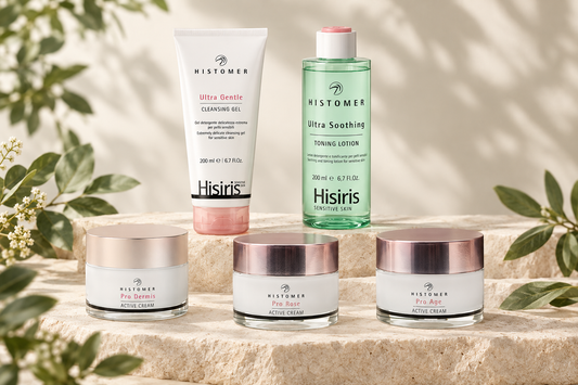 Histomer Hisiris cleansing gel, soothing toner, Pro Dermis, Pro Rose and Pro Age creams arranged together