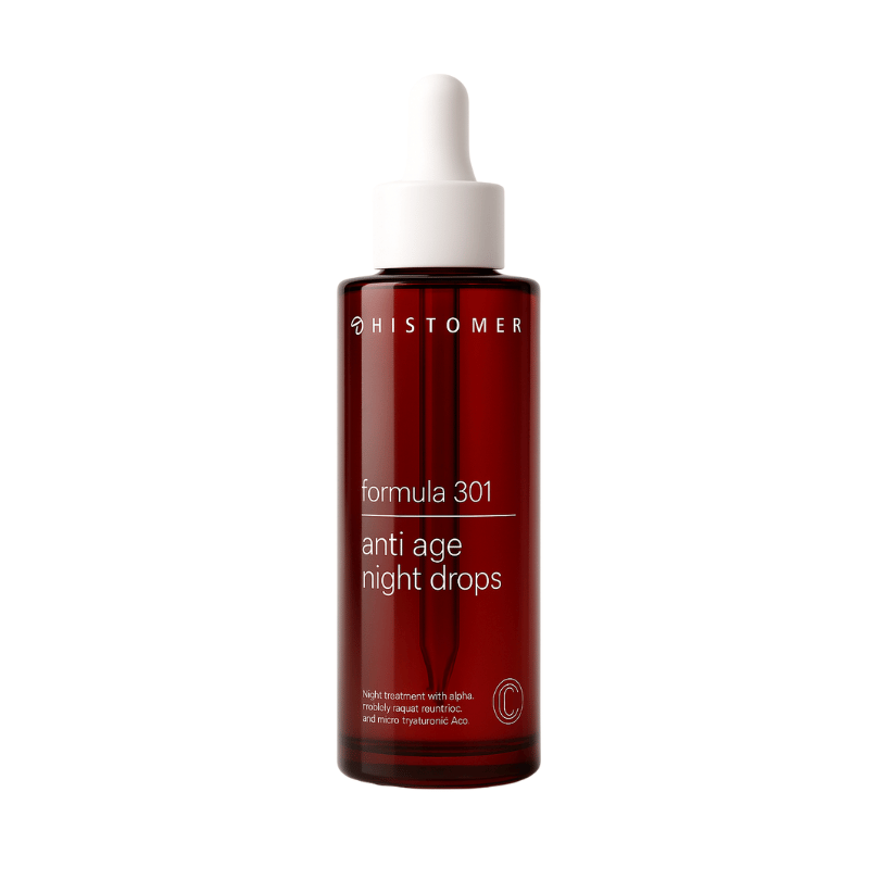 Histomer Formula 301 Anti Age Night Drops – Red glass bottle with white dropper, anti-aging night serum for wrinkle reduction, skin renewal, and hydration - E11 Store