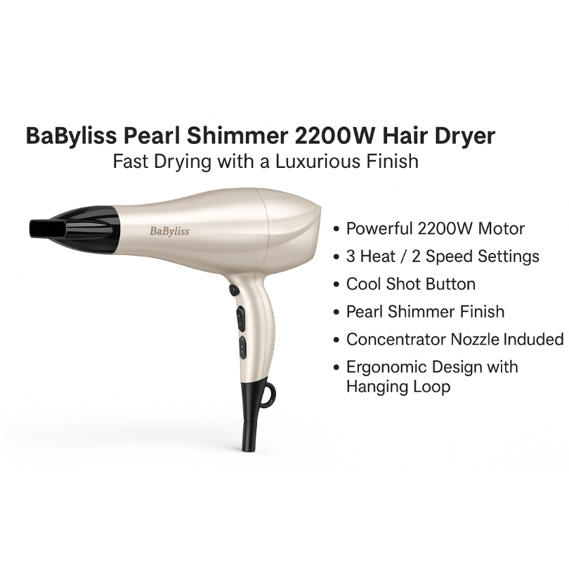 BaByliss Pearl Shimmer 2200W Hair Dryer in a pearl beige finish with black accents
