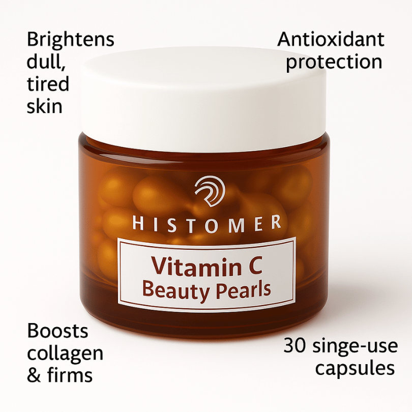 Histomer Vitamin C Beauty Pearls – 30 brightening anti-aging serum capsules in a white-capped amber jar