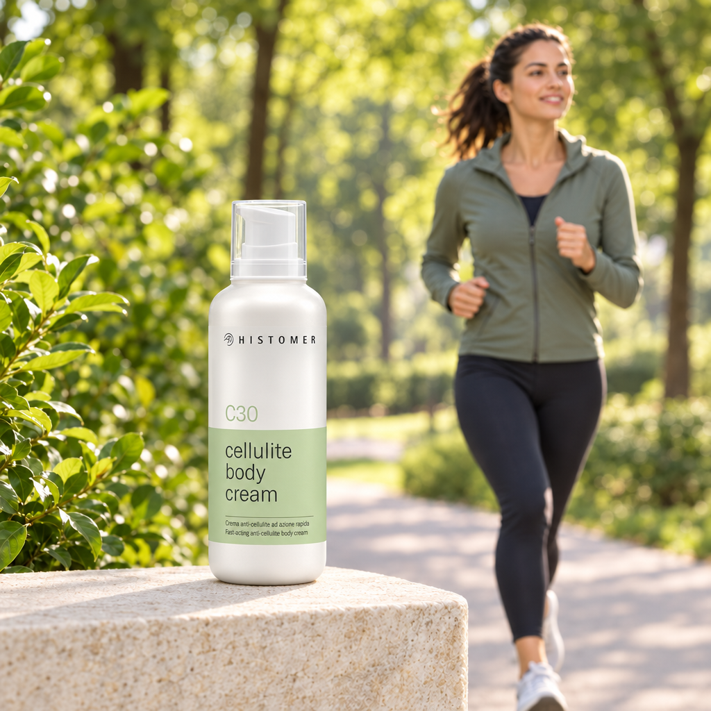 Histomer C30 Cellulite Body Cream with a woman running in a park