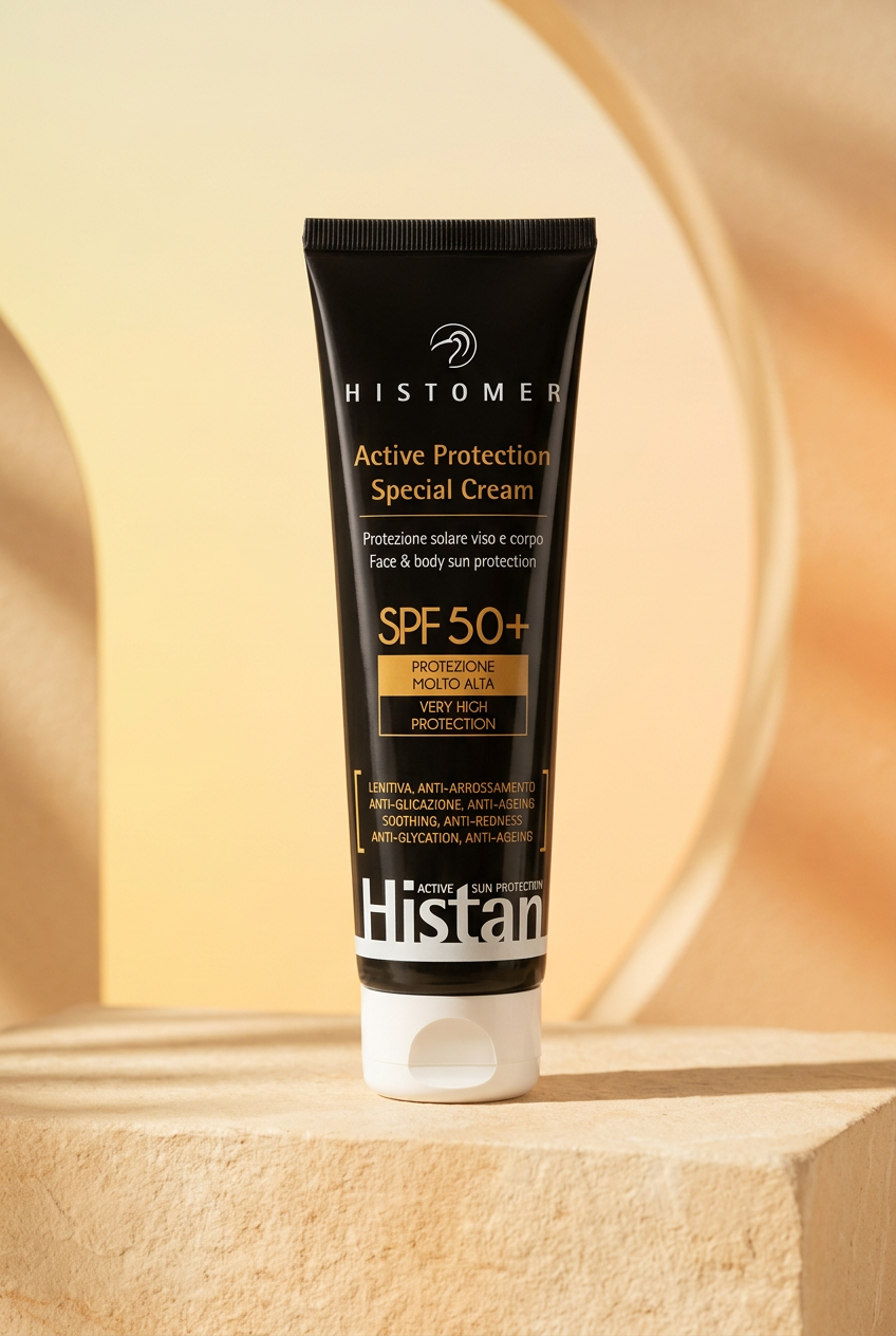 Histomer Histan SPF50+ with a yellow and orange background