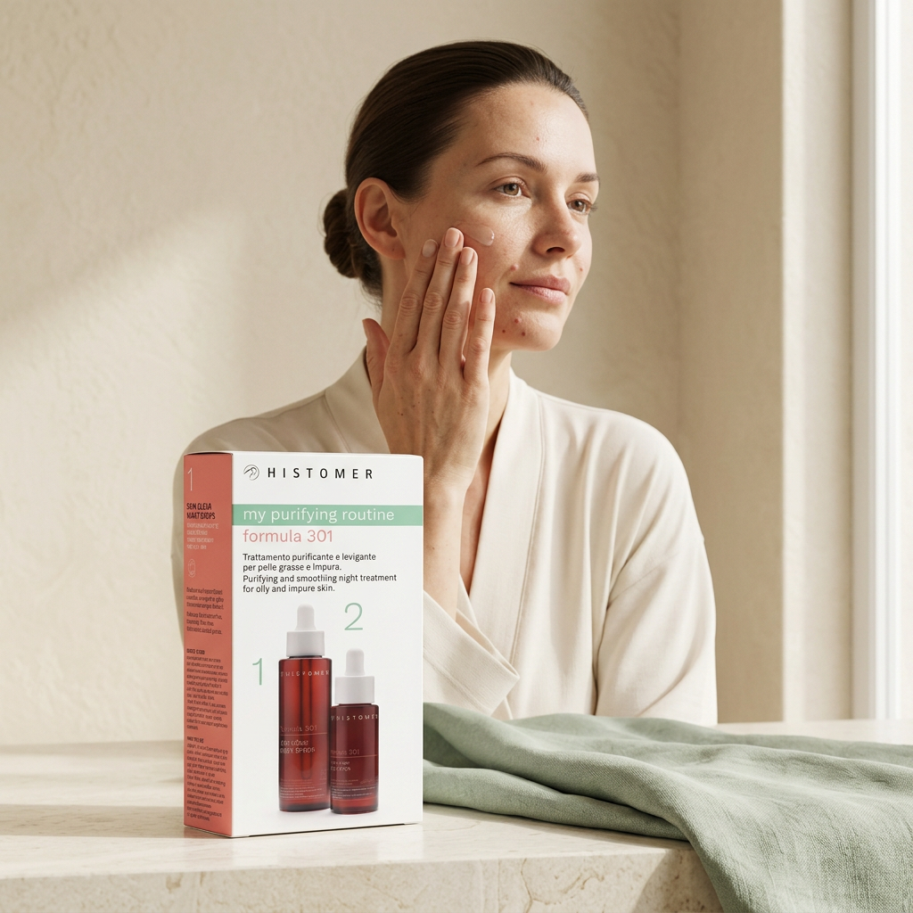 Histomer Skin Clear Day & Night Drops Kit with a woman applying serum