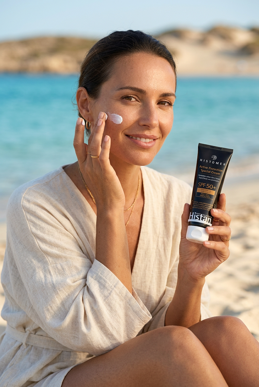 Portrait beach image of a woman applying Histomer Histan SPF 50+ sunscreen