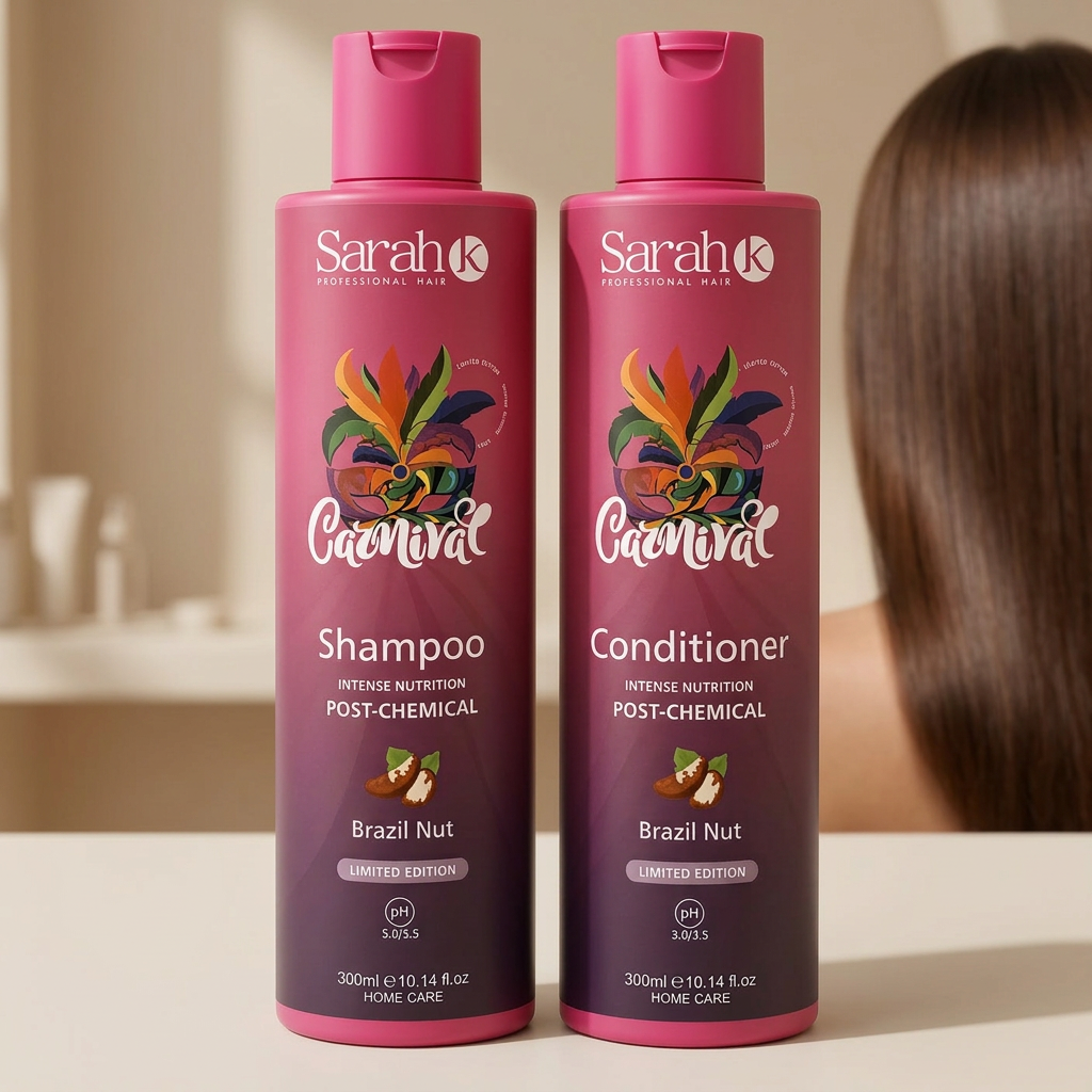 Post-chemical haircare image featuring Sarah K Carnival shampoo and conditioner