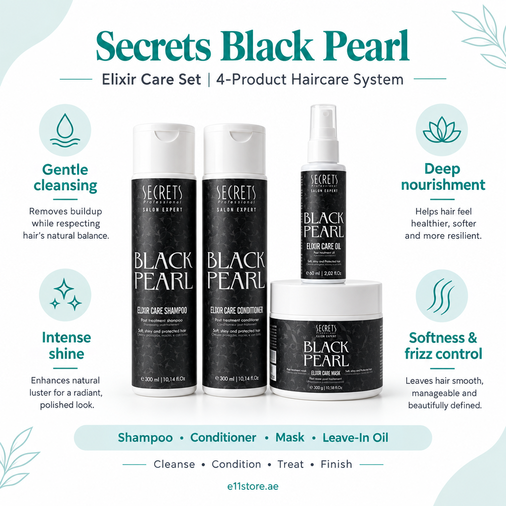 Secrets Black Pearl Elixir Care four-product set key-features image | E11 Store