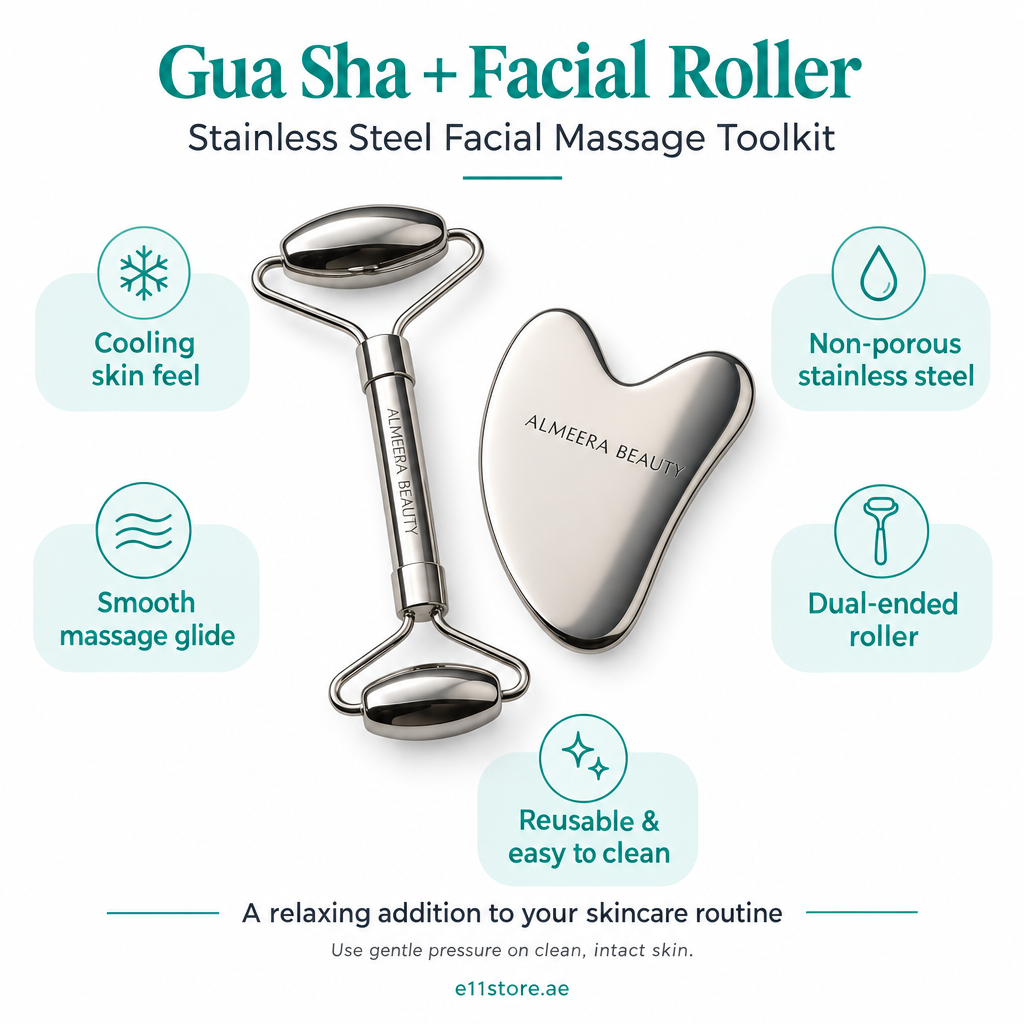 Stainless Steel Gua Sha and Facial Roller Toolkit key-features image | E11 Store