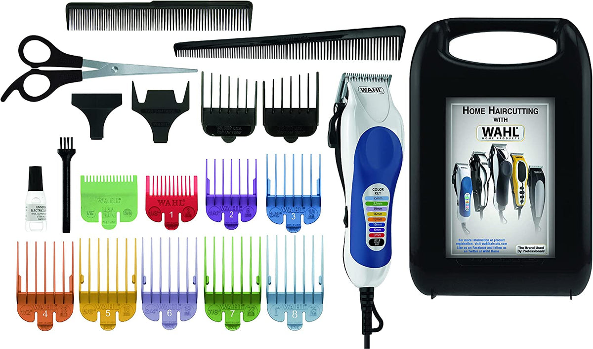 Wahl Colour Pro Corded Clipper Kit, Soft Hairbrush Neck Duster, 12 Colour Coded Guide Combs, Hair Clippers for Men, Head Shaver, Men's Hair Clippers, Easy Home Haircutting, Family Haircuts, White 79300 - 1616  | E11 Store Main image